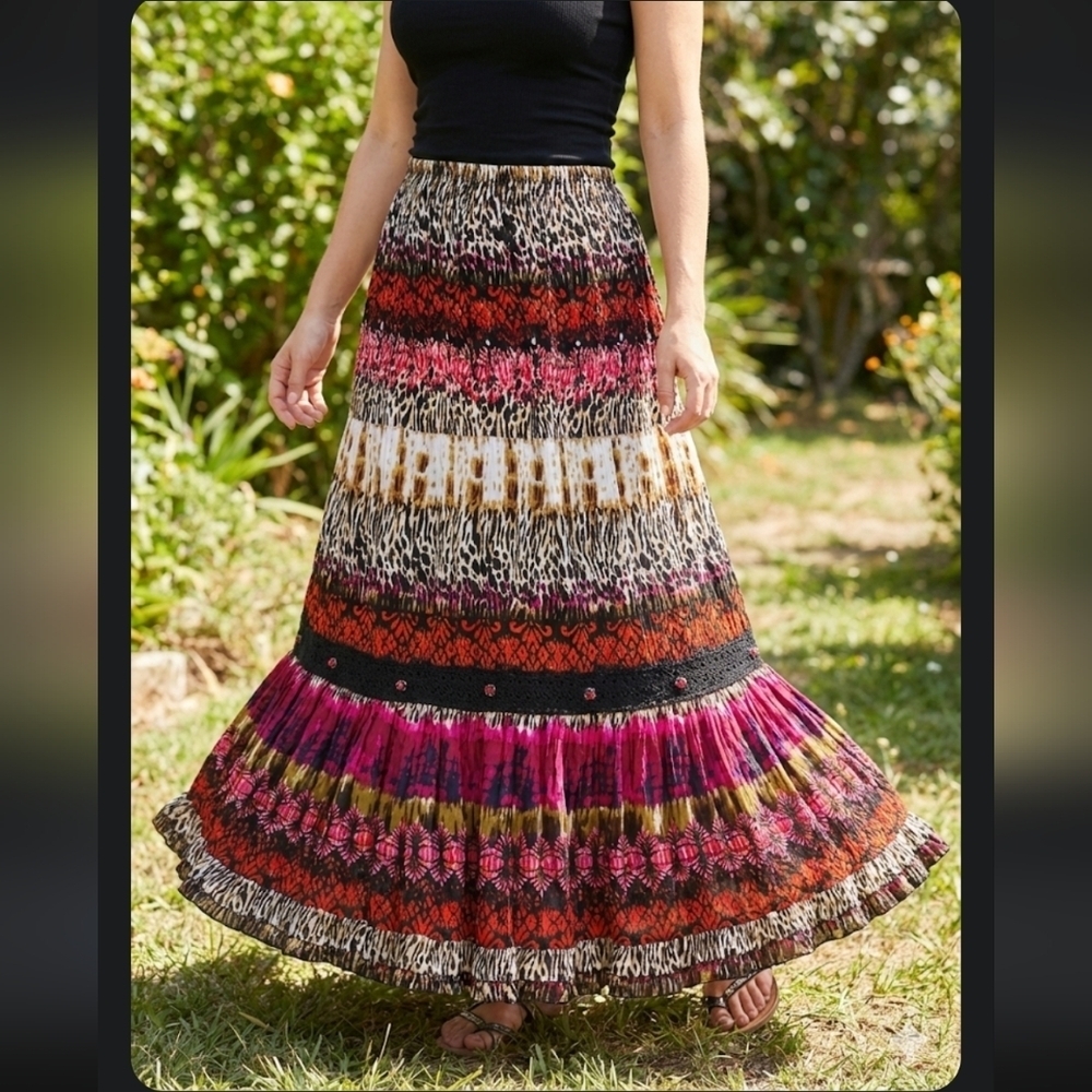 Forbidden Bohemian Gypsy Maxi Skirt Multicolor Animal Print Women's sz M,L.